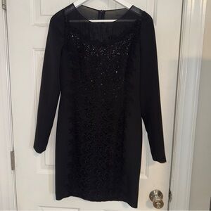 JIGOTT Black Illusion Neck Embroidered Sheath Dress. Sz. M/88 Korean. Cocktail.
